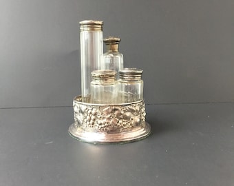Victorian vanity set, sterling apothecary jar, Victorian powder jar, crystal jar, collectibles, vanity set, tall jars, silver tray,