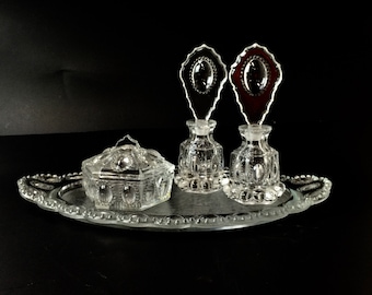 vintage Vanity Set, Cut glass Perfume Bottles, clear glass, gift, vanity set on tray, Victorian Style bottle, ornate bottle,vintage bottle,