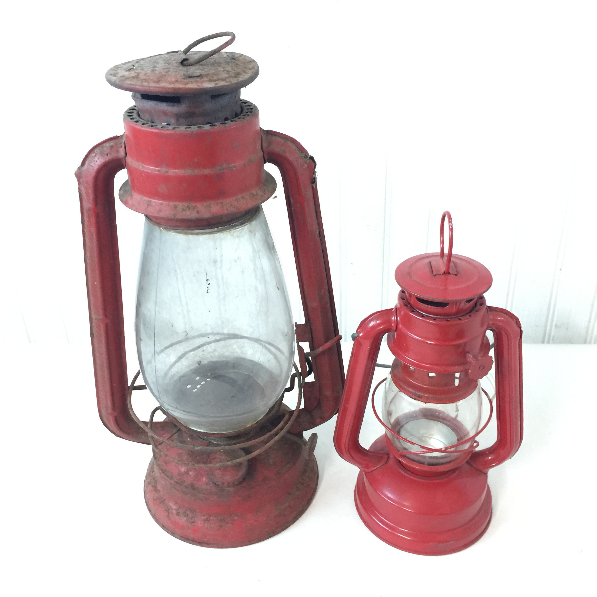 Pair of Vintage Lanterns, Oil Lamp, Collectible, Red Light