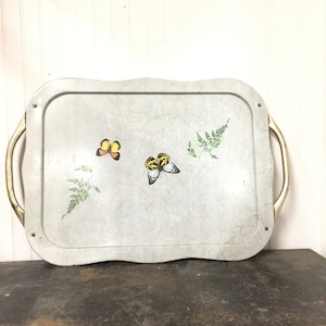 Serving tray, vintage tray, butterfly Tray, Vintage  Metal Tray, Tray,shabby chic tray, gray tray, vintage kitchen decor, party tray,