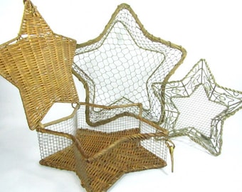 Set of three baskets, Vintage metal basket, shabby chic decor, basket collection, gold star,