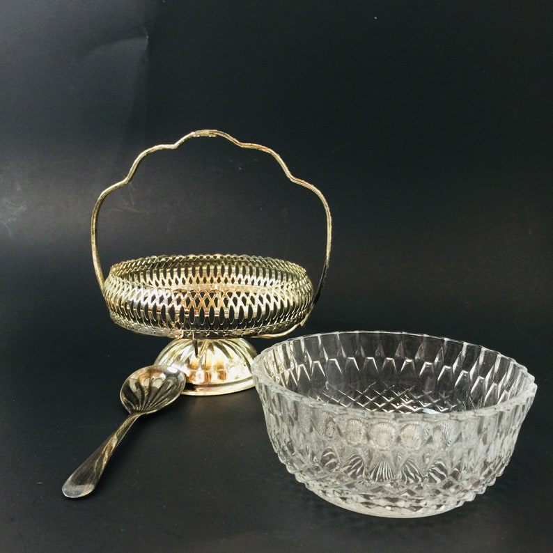 Vintage condiment dish, silver plate, retro glass, glass bowl, bowl and spoon, candy dish, serving dish, 1950 glass bild 10
