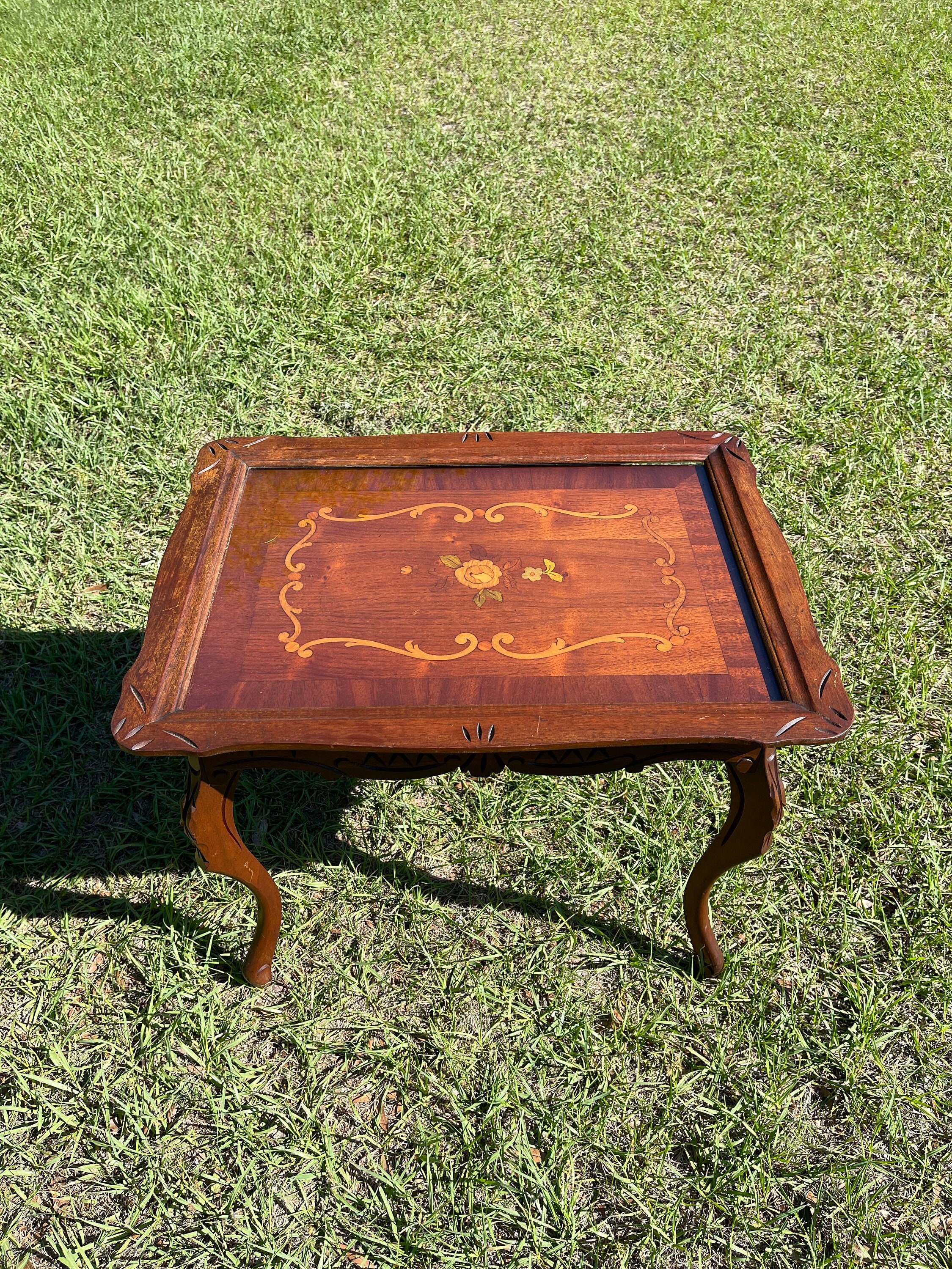 Vintage Coffee Table, Wood Table, Inlaid Carved Table, Glass
