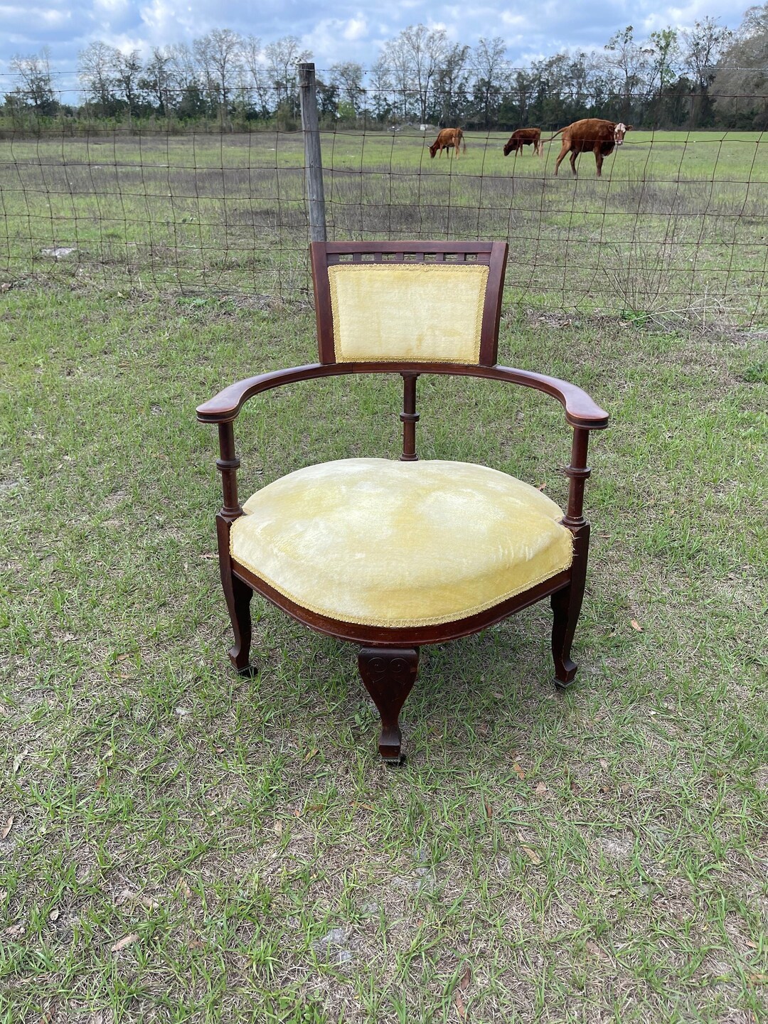 Vintage Chair, Wood Chair, Furniture, Upholstered Chair, Slipper Chair