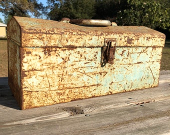 Vintage metal box, tool box, Aqua metal box, container, rusty metal, storage cabinet, organizer, industrial, craft box,