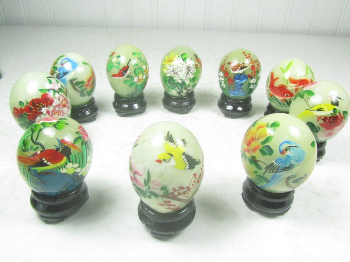Oriental Hand Painted Eggs Stone Eggs Asian Art Japan Hand Etsy