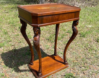 English Regency side table, Sphinx Headed Cabriole legs with Hoof feet, Inlaid Top, end table with drawer, furniture bedroom,