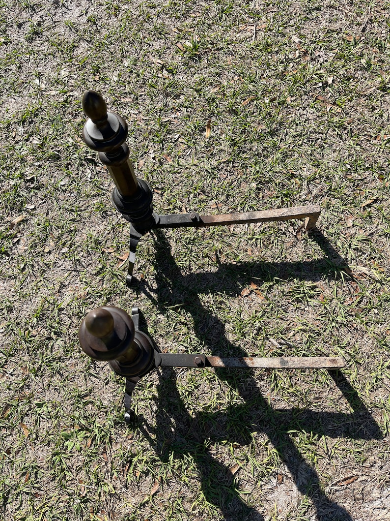 Brass Andirons Fireplace Tools Log Holder Rusty Metal Etsy