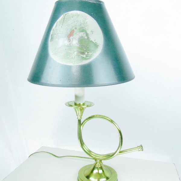 Vintage Lamp, brass lamp, table lamp, hunting decor, green, English hunting, horn lamp,