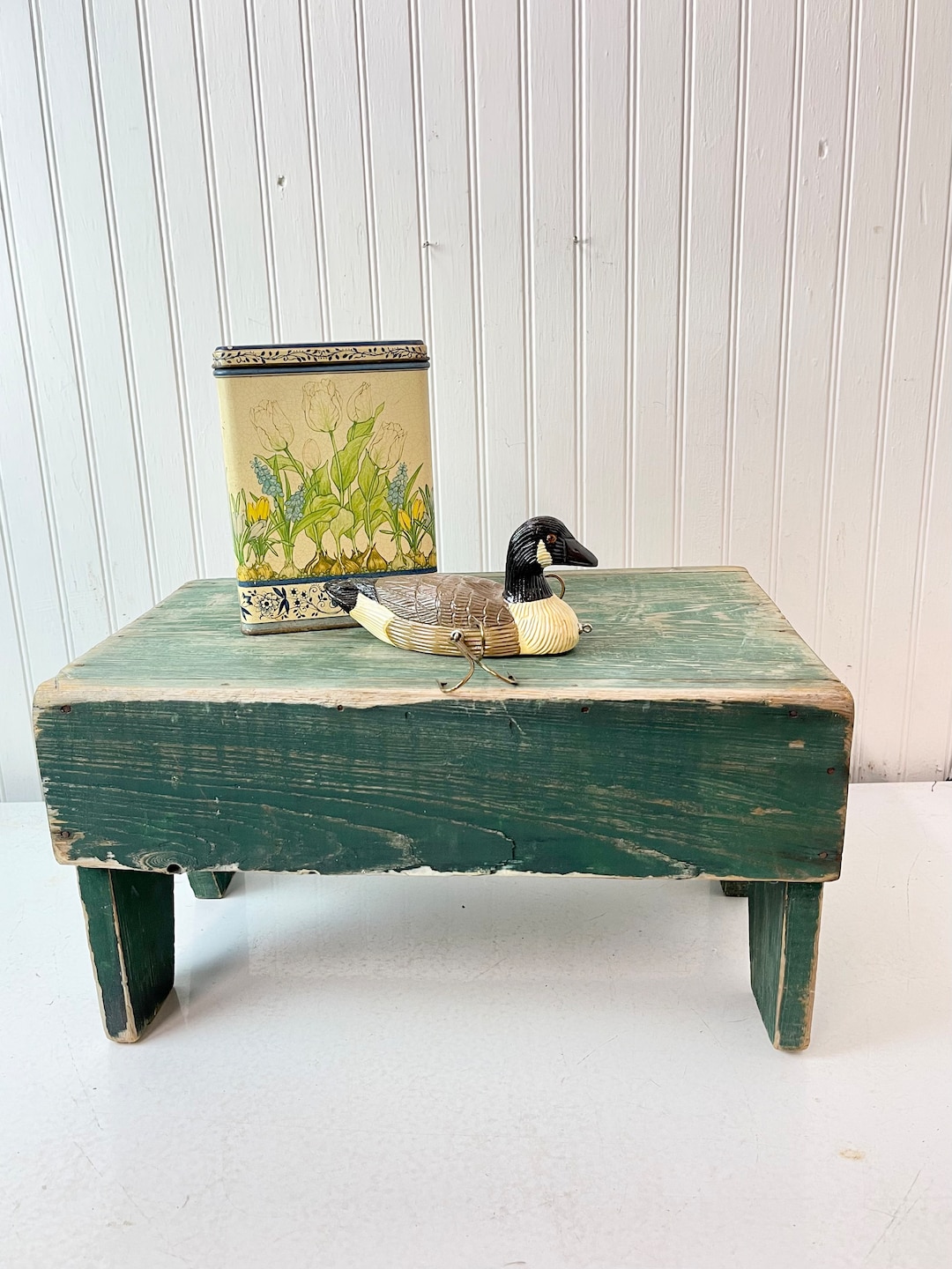 Vintage Wood Stool, Foot Stool, Step Stool, Green Stool, Mud Room