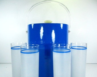 barware, retro barware ,mid century modern decor,ice bucket, 1970s decor,retro decor,blue,glassware,