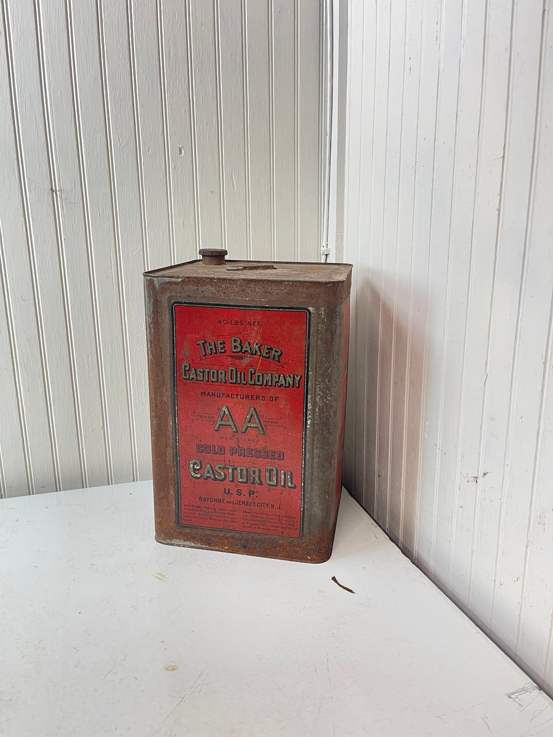 Antique Castor Oil Can, Vintage Advertising, Large Can, Metal Container