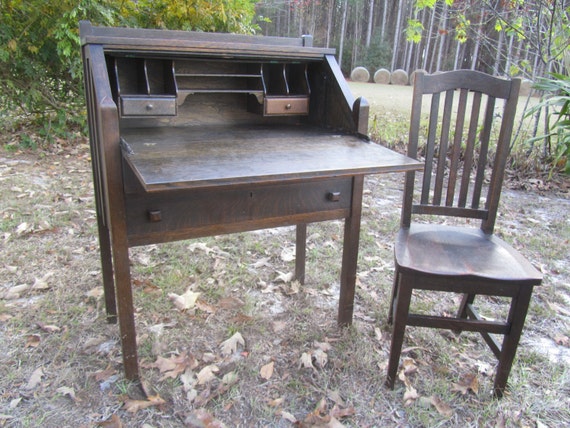 Antique Mission Style Secretary Desk And Chair Slant Top Etsy