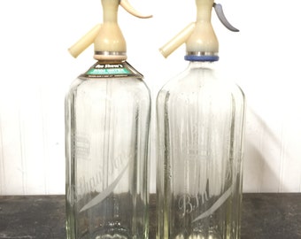 Vintage soda bottle, Two Seltzer Bottle, beverage, home bar decor,vintage advertising, embossed bottle, Ben Shaw bottles,  Rustic Decor