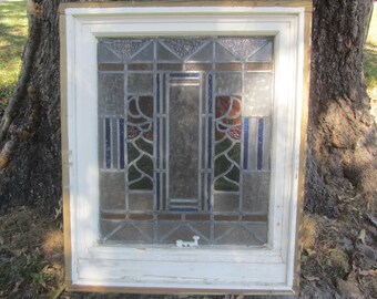 Antique Leaded Glass Window, Stain Glass Window, Shabby Chic Wall Art, Wood Window, Window Pane, wall decor, vintage window, wall hanging