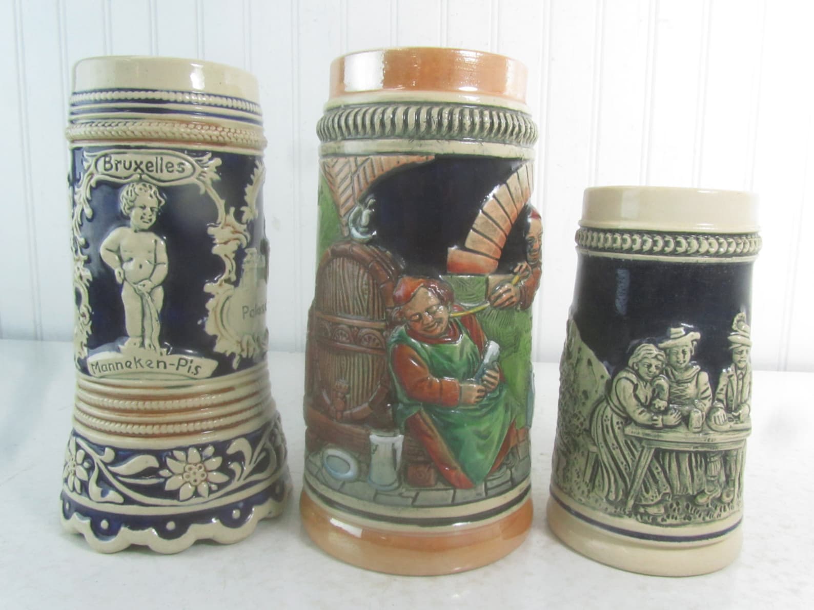 German Beer Stein Collection, Set of Three Steins, German Pottery, Beer
