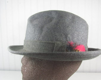 May include: A gray fedora hat with a black and red feather accent.