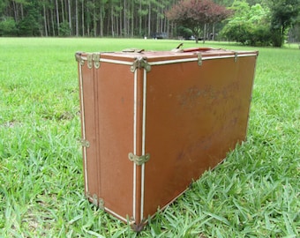 VINTAGE SUITCASE, Metal Trunk, metal suitcase, Mid Century Luggage, Travel Bag,brown