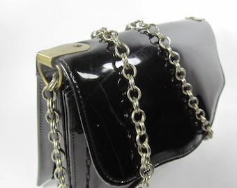 Bolso vintage, bolso de piel sintética negra, alta costura, bolso, asa de cadena de metal, bolso de hombro,