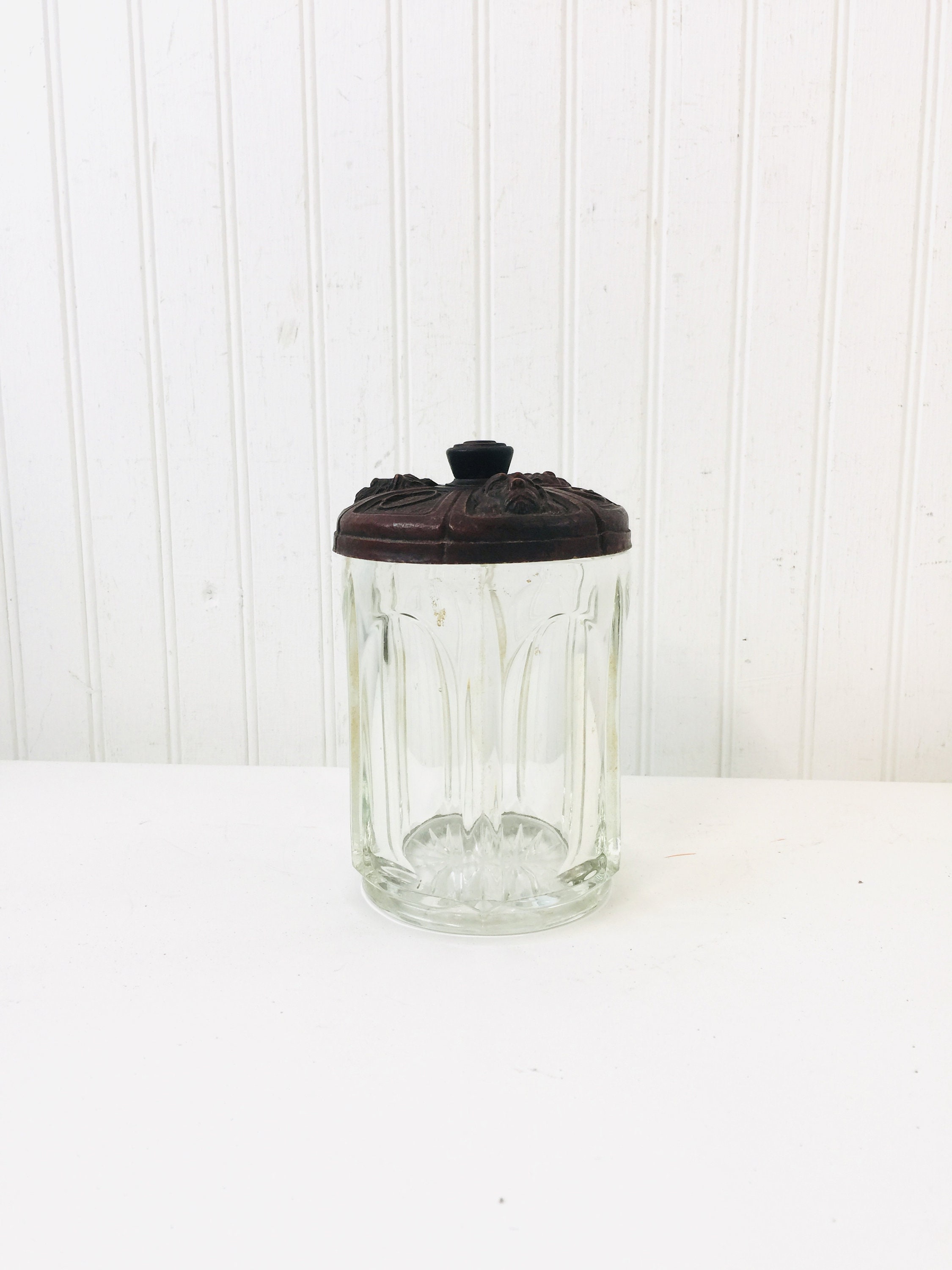 antique glass tobacco jar 2 Clear Jars Factory #256 5th District N.C. Humidor W Lid This glass jar is perfectly sized Antique 1800's George W. Helme