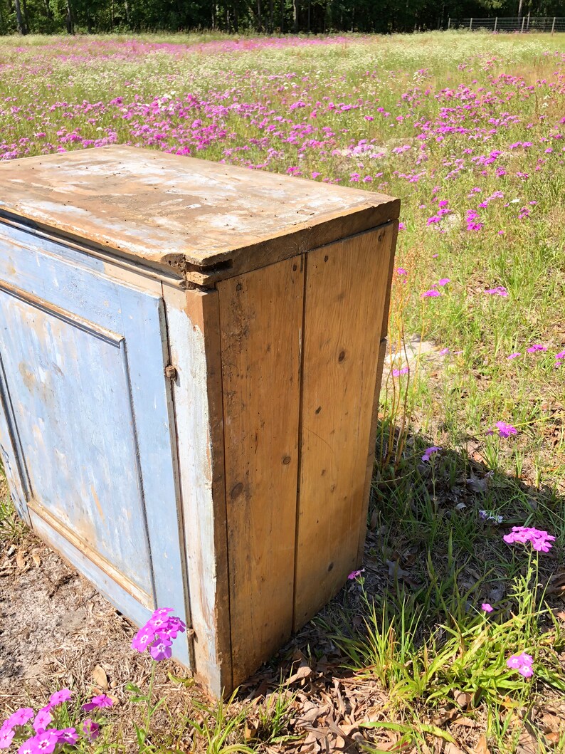 May include: A vintage wooden cabinet with a single door painted in a light blue color. The cabinet has a distressed finish and is sitting on a bed of pink flowers.