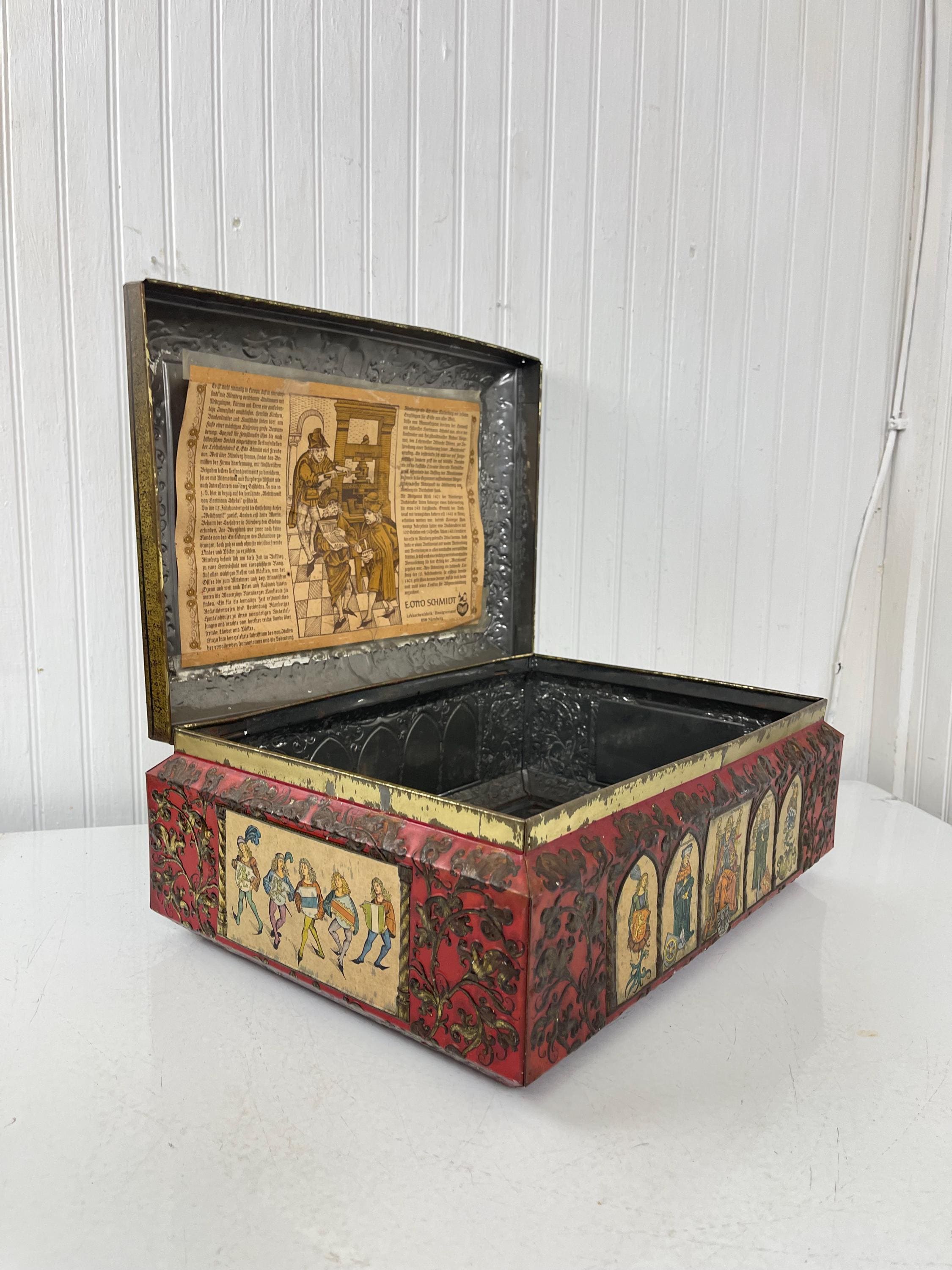 E. Otto Schmidt VINTAGE TIN, collectible, tin box, metal box, German tin, biscuit box, metal tin, picture tin, container.Nurnberg Germany