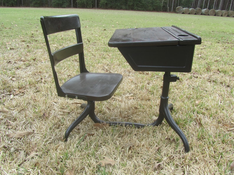 Antique Cast Iron School Desk Child S Swivel Image 0