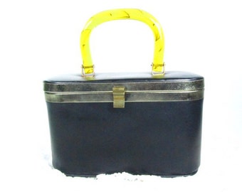 Vintage purse, black faux leather purse, high fashion, handbag, lucite handle, box purse,