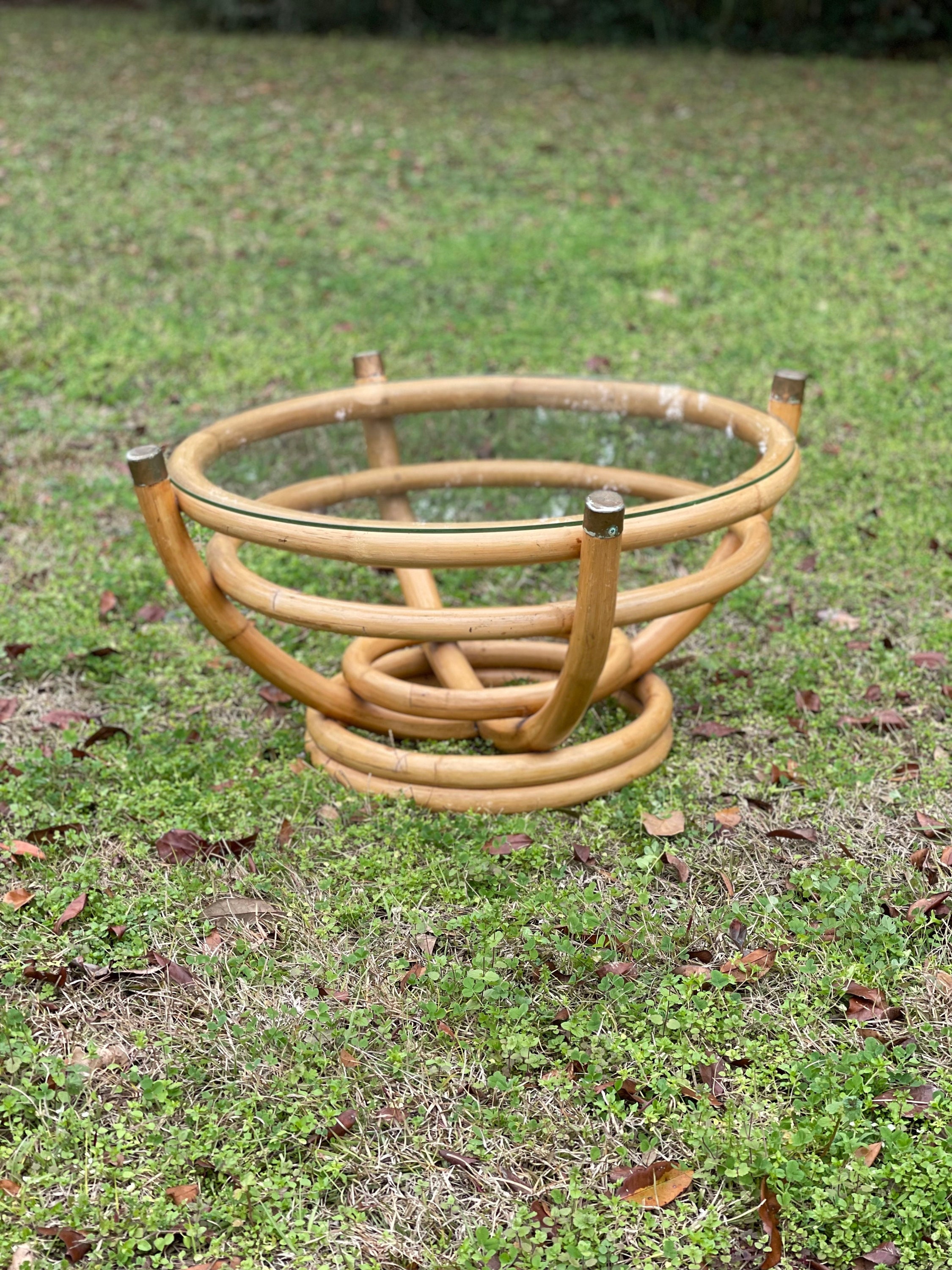 Vintage Round Rattan Table, Glass Top Table, Rattan Table, Natural