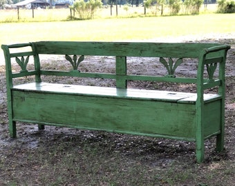 Antique wood bench, European storage Bench, entryway furniture, solid wood bench, farmhouse decor, primitive waiting bench, storage bench