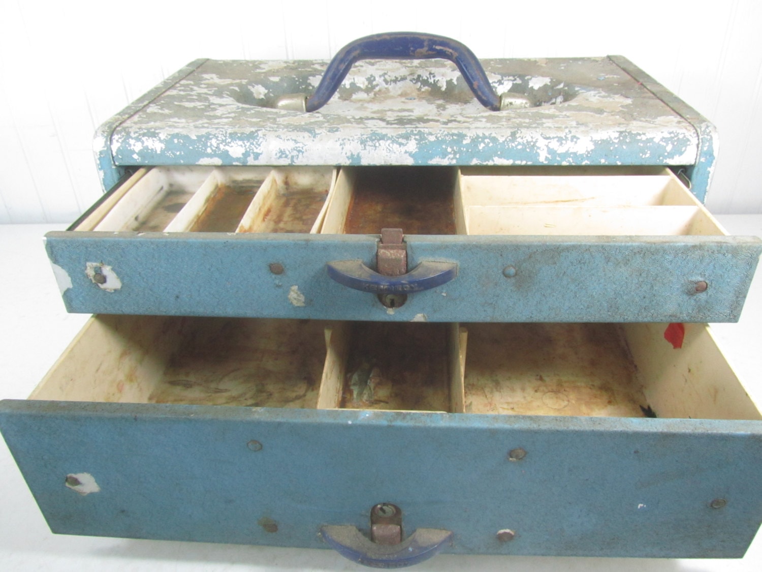 Vintage Metal Tackle Box, Blue Metal Box, Fishing Box, Tackle Box