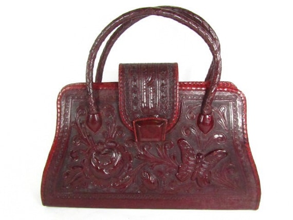 Vintage purse, tooled leather purse, red leather p