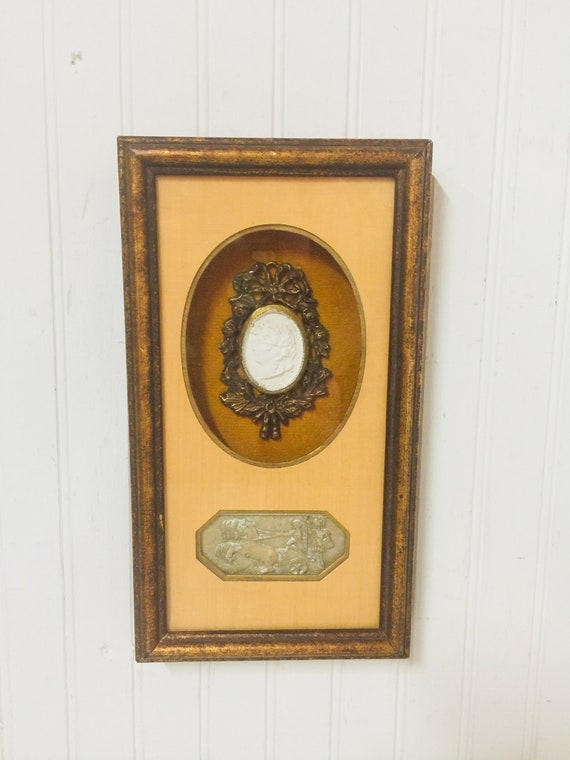Vintage wall decor, cameo plaque,  Roman gladiator, chariots, relief work, unique oddity, French decor, framed pictures, wall hanging,