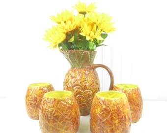 Juego de jarras, jarras y vasos, jarra de cerámica, piña, decoración del hogar, vidrio para servir, cristalería retro, decoración de fiestas, fruta, mid century
