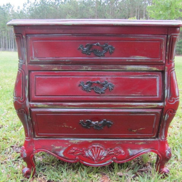 Vintage Bombay chest, shabby chic furniture, French style, chest of drawers, nightstand, OOAK red chest,