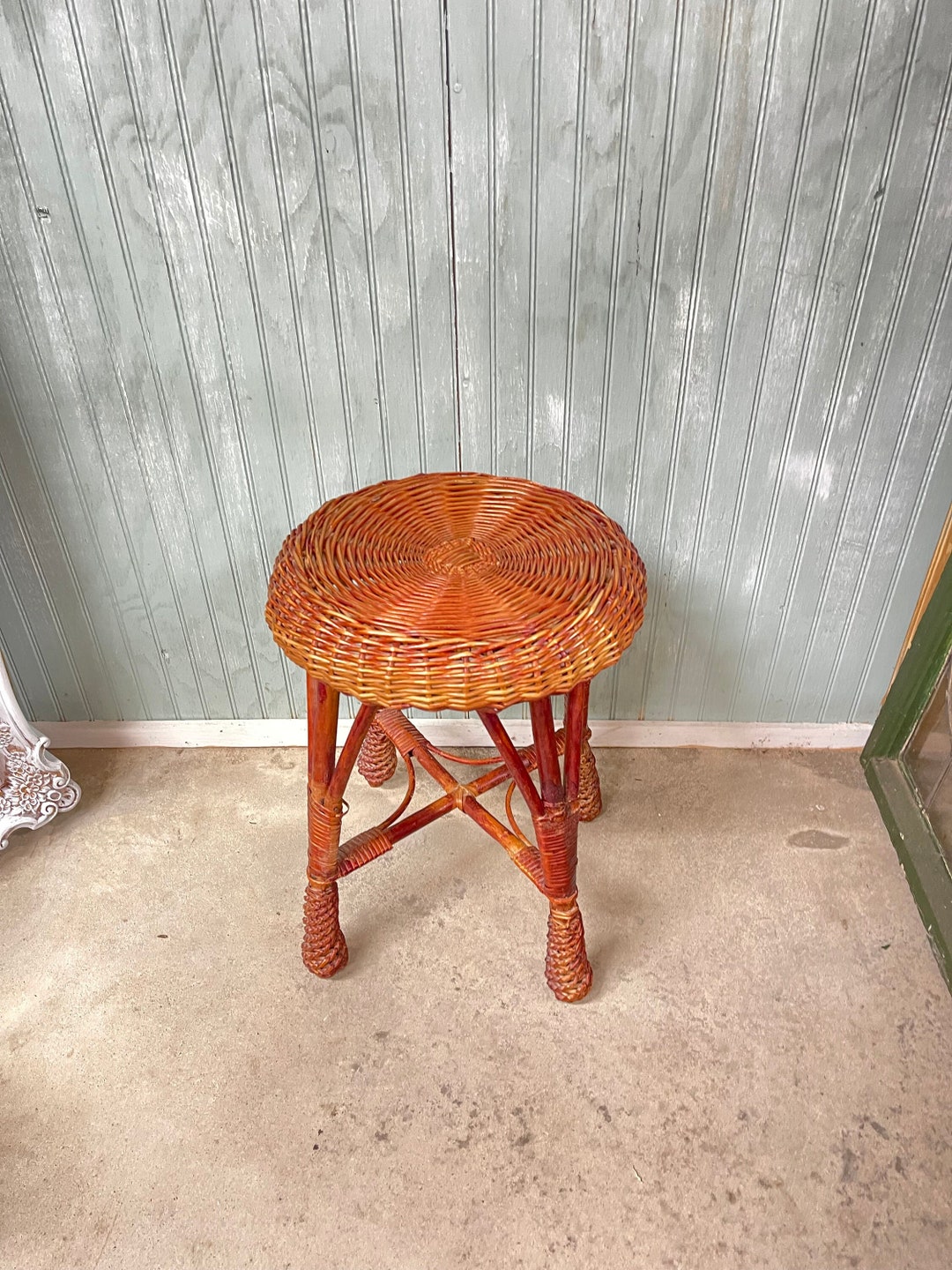 Vintage Wicker Stool, Natural Wicker, Foot Stool, Antique Wicker Stool