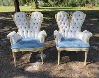 Vintage Chair, Wood chair, Furniture, upholstered heart chair, blue velvet,Louis XVI chair, Occasional chair, parlor chair, bedroom chair