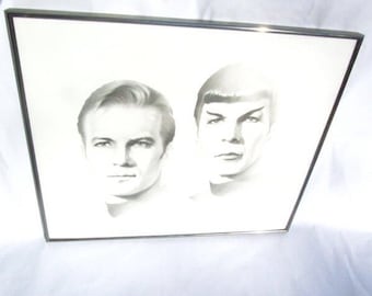 Star Trek, Captain Kirk, Spock, Gary Saderup signed print, star trek memorabilia, vintage picture, black and white framed print, Trekkie
