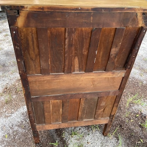 Puede incluir: La parte posterior de un armario de madera con una parte superior de color marr&oacute;n claro y un cuerpo de color marr&oacute;n oscuro. El armario tiene un dise&ntilde;o sencillo con paneles verticales y un estante.