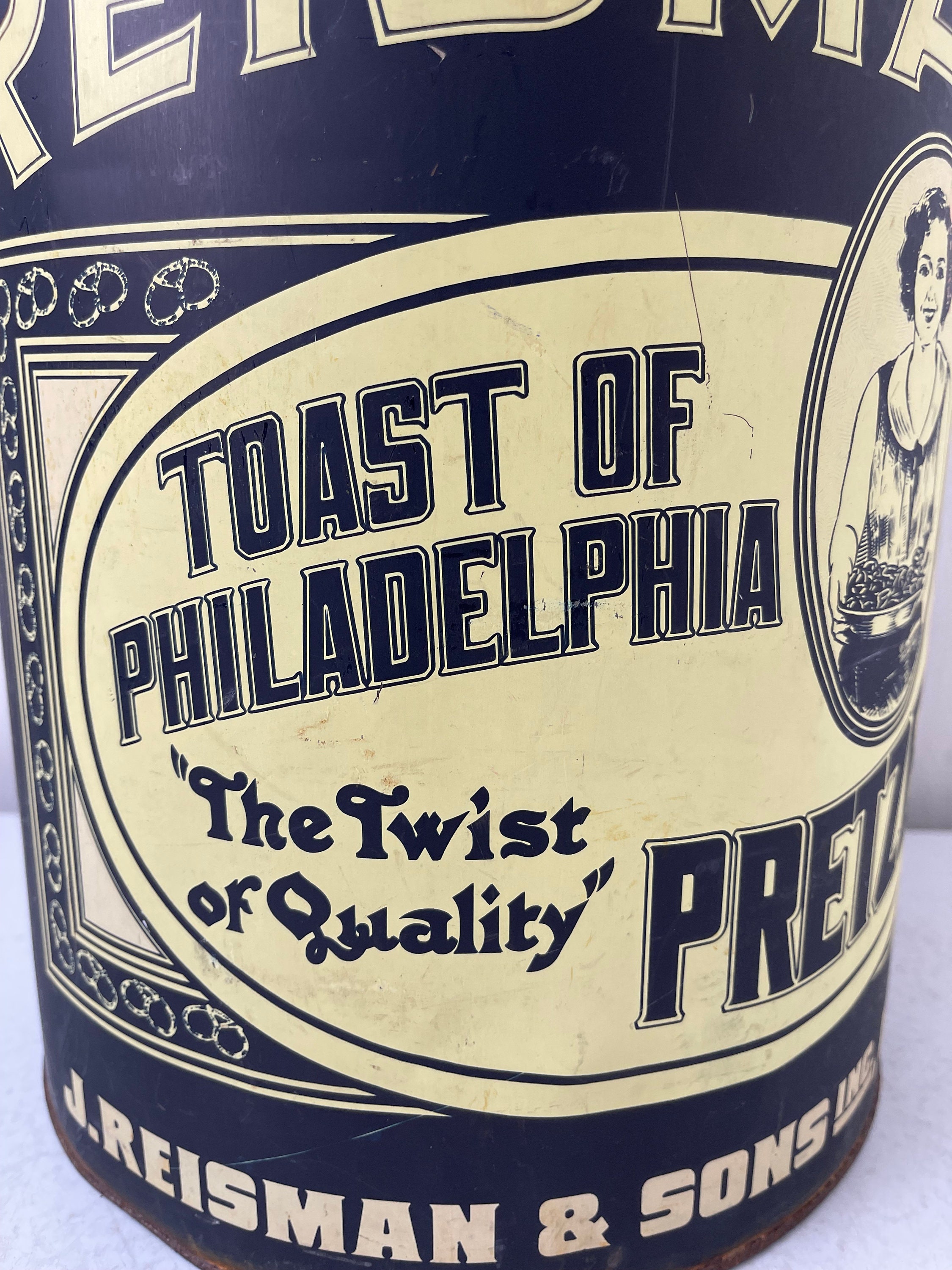 Antique Reisman Pretzel Can,vintage Advertising, Large Can, Metal