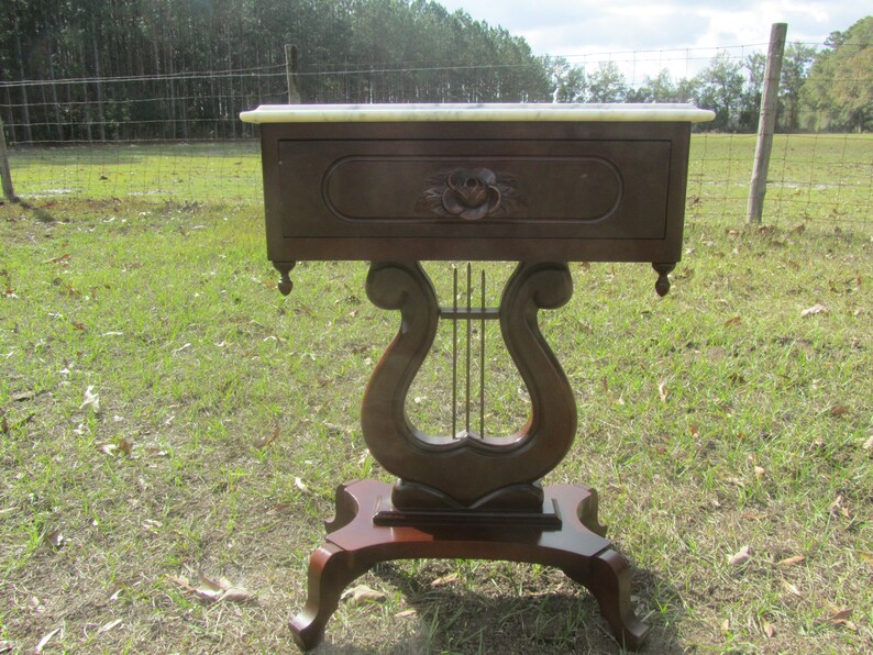 Harp Side Table Vintage Marble Top End Accent Furniture Ornate