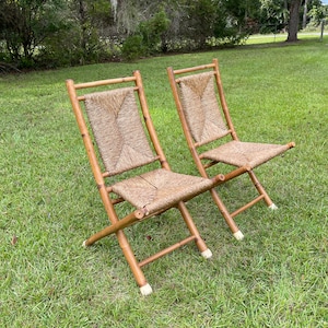 Vintage Folding Chairs, pair of wood chair, Bamboo chair, boho decor,rush seat, eclectic decor,Folding patio furniture, portable chair,