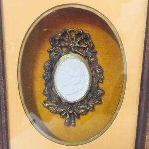 May include: A framed cameo with a white cameo set in a gold-toned metal frame with a decorative floral design.