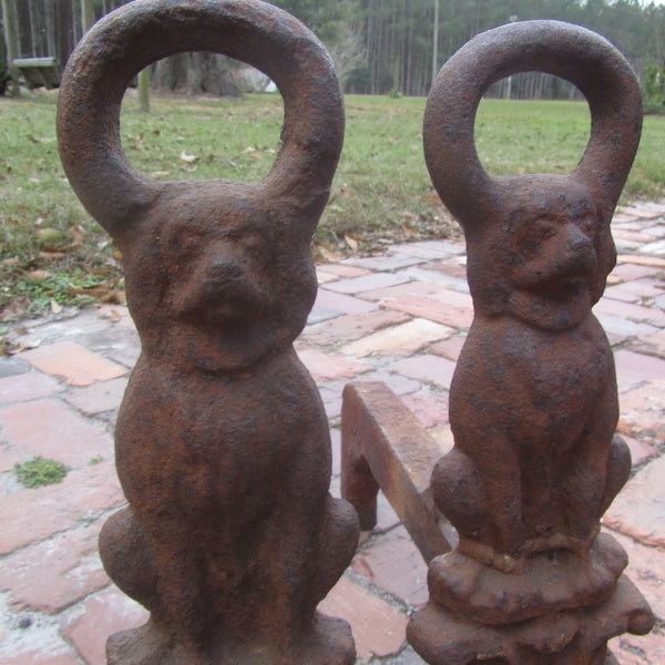 Antique Dog Andirons, fireplace tools, log holder, rusty metal, metal dog, Iron Andirons, Iron Firedogs, Cast Iron Andirons