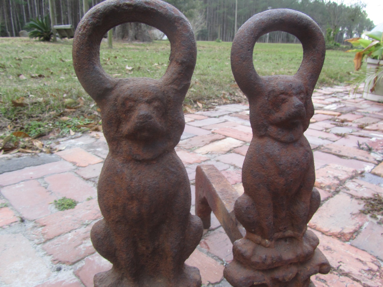 Antique Dog Andirons, Fireplace Tools, Log Holder, Rusty Metal