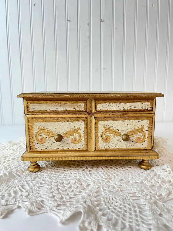 Florentine Jewelry Box, Music Box, Vintage Gold Wood Box,ornate
