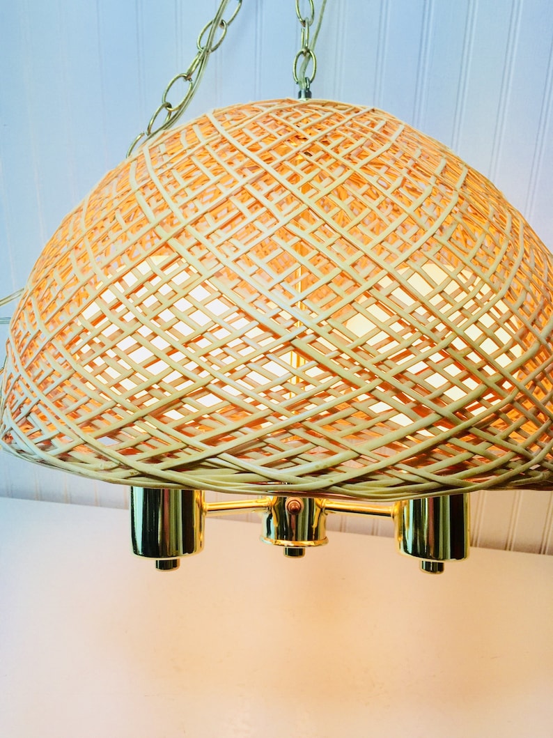 Vintage Wicker and Brass Swag Light Hanging Light Basket Etsy