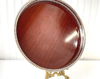 Vintage silver tray, silver plate, round tray, serving tray, wood look tray, traditional decor, silver plate tray, elegant dining,