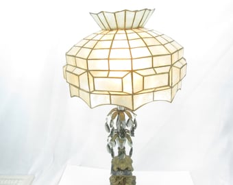 Vintage lamp with hanging crystals,capiz shell shade,cherub lamps,Victorian lamp,, French lamp,art nouveau lamp.
