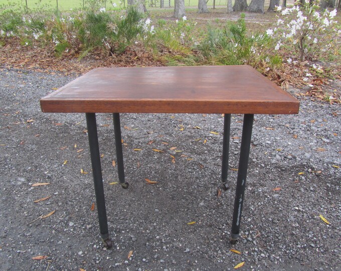 Vintage Wood Side Table, Handmade Table, Rolling Side Table, Industrial